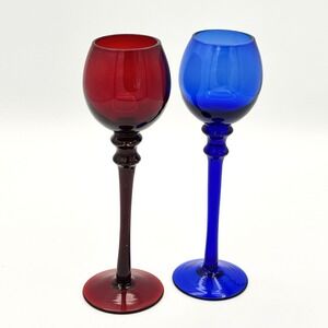 Vintage Art Glass Cordial Goblets Red Blue Set 2 Long Stem Wine Glasses MCM